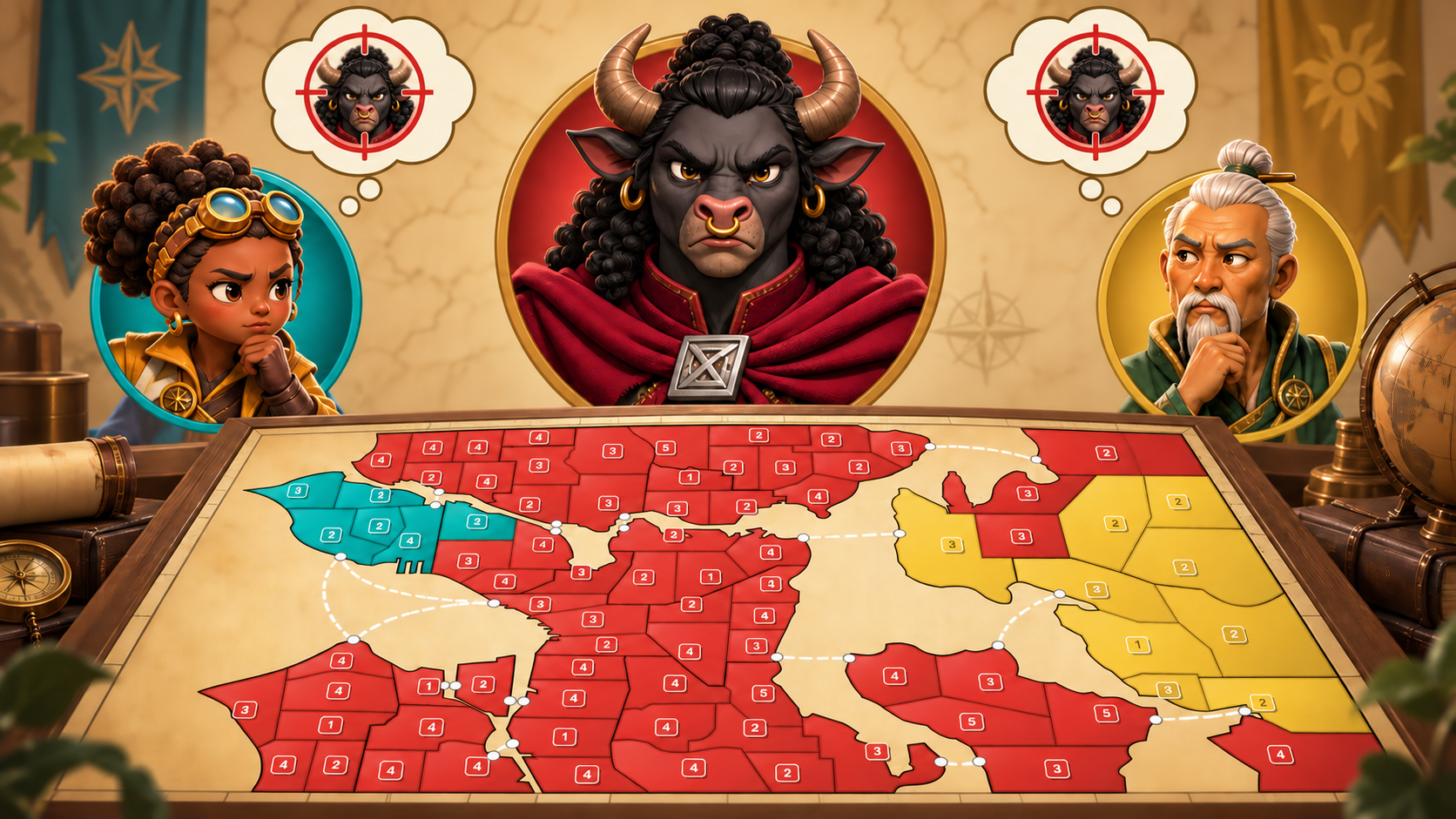 Two rival commanders consider targeting the same dominant opponent, whose red territories cover most of the board.